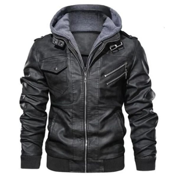 Homens com capuz jaquetas de couro fino casual casacos de couro moda masculina street wear motocicleta jaquetas de couro chapéu destacável 5xl 240117