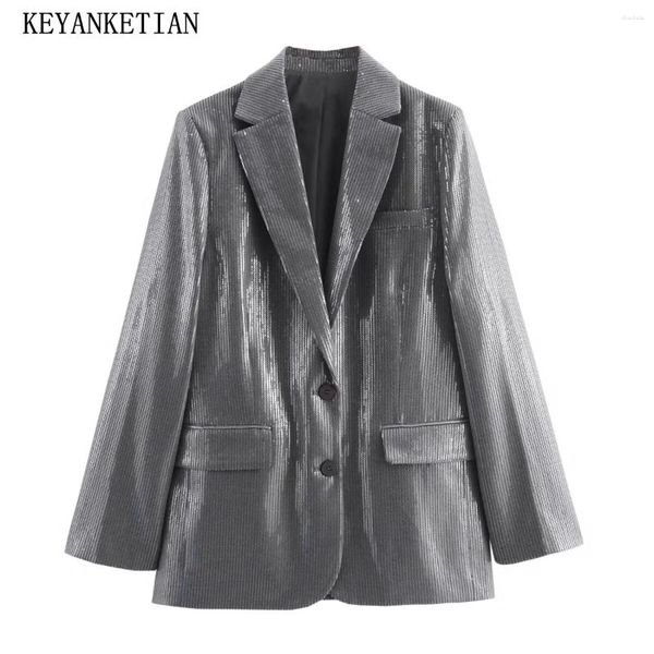 Abiti da donna KEYANKETIAN 2024 Lancio Paillettes grigie adornano giacche da abito Moda monopetto tasche con patta Blazer allentato lucido Top