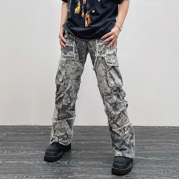 Overall Camouflage Y2K Mode Gepäck Flash Jeans Cargo Hosen Herrenbekleidung Gerade Damen Hose mit weitem Bein 240117