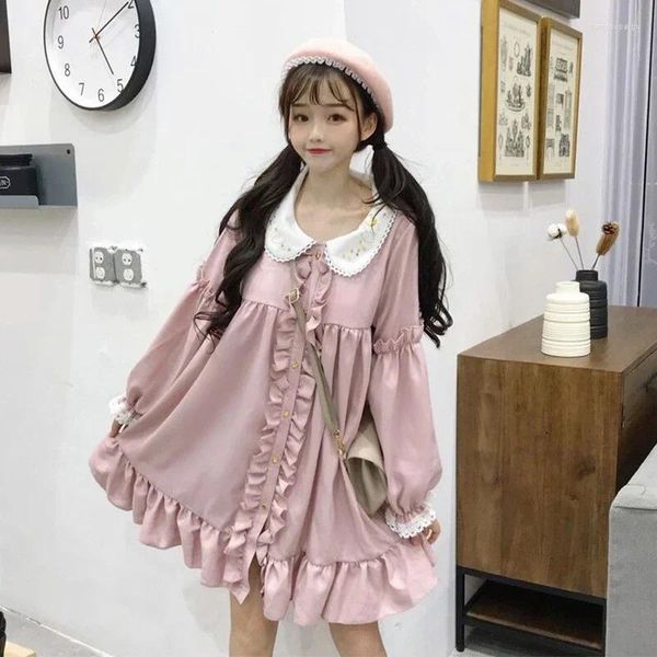 Sıradan elbiseler 2024 Sonbahar Kış elbisesi kadınlar harajuku pembe bayanlar fırfır dantel yama kawaii lolita cosplay tatlı gevşek vestidos y2k