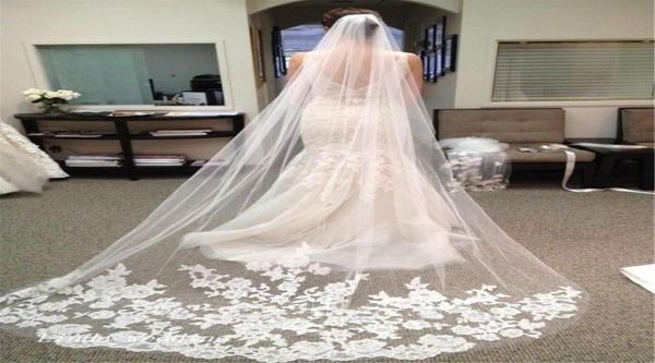 Alta qualidade barato muçulmano venda de luxo em estoque véus de casamento três metros longos véus rendas apliques catedral comprimento bridal8858424
