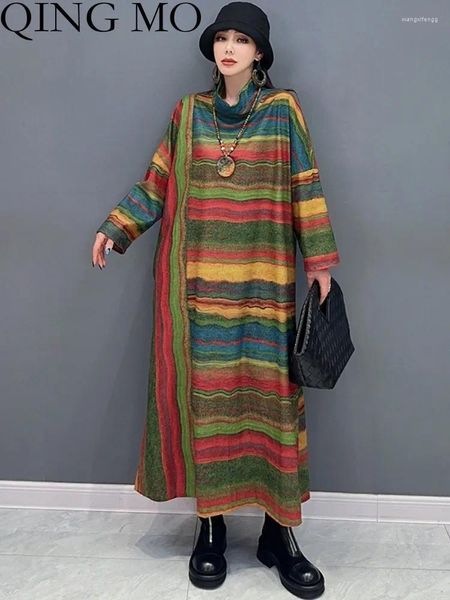 Abiti casual QING MO 2024 Primavera Autunno Pullover Dress Donna Maniche lunghe Allentato di grandi dimensioni Elegante alla moda a righe ZXF4985