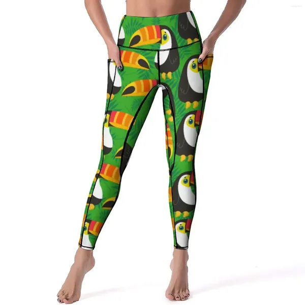 Leggings femininas toucan pássaros calças de yoga folhas verdes tropicais sexy cintura alta esportes collants elástico design treino ginásio leggins