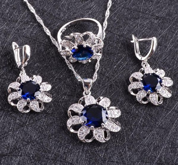 Conjunto de joias de prata 925 com zircônia azul, brincos femininos com pedras, pulseiras, colar, conjunto de anéis com pingente, caixa de presente de joias CX204794046