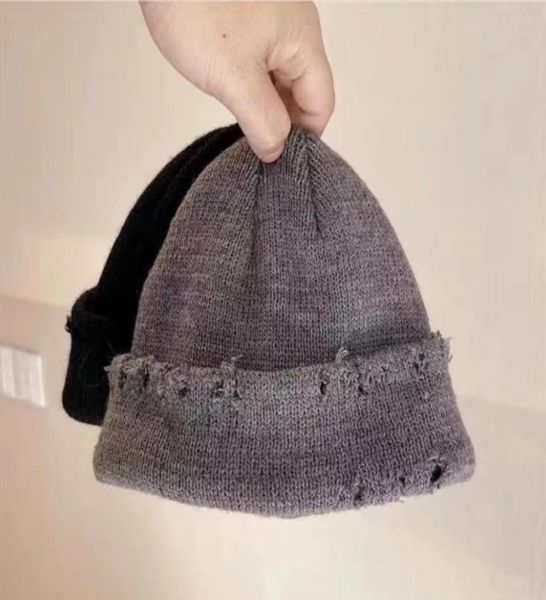 Erkek Şapkalar Sonbahar ve Kış Beanies Ins Moda Düz Renk Kalınlaştırılmış Sıcak Örme Yün Şapkalar Delikli Hats3159284