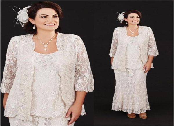 Novo Plus Size Mãe da Noiva Vestidos com Jaqueta Cheia de Renda Pescoço Desgaste Formal Comprimento do Tornozelo Plus Size Noivo Vestido de Casamento7425258