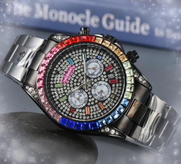 Tutti i quadranti funzionano Orologi da uomo di marca Orologio completamente funzionale con tre occhi Diamanti fatti a mano Anello brillante Quadrante stellato Cronometraggio al quarzo Calendario impermeabile Bracciale Orologio Regali