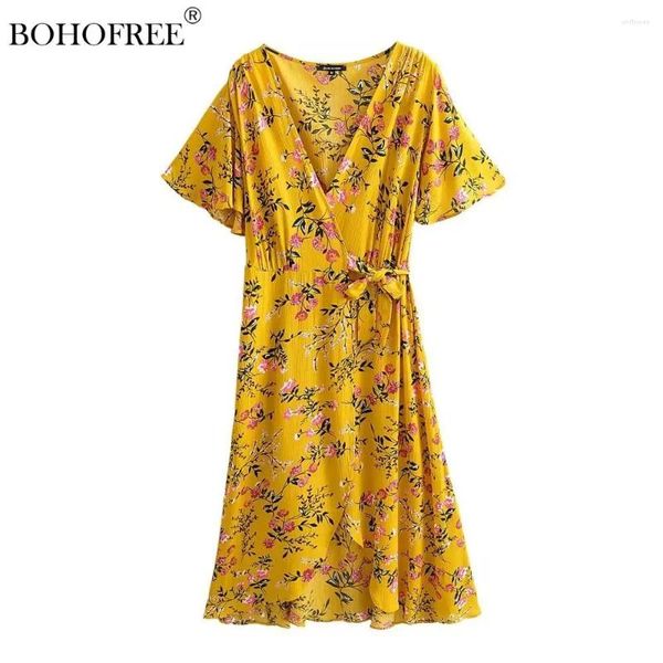 Abiti da festa Abito Boho Scollo a V Manica corta Avvolgente Rayon Cotone Stampa floreale Maxi Hippie Bohemian Beach Abiti Donna Casual