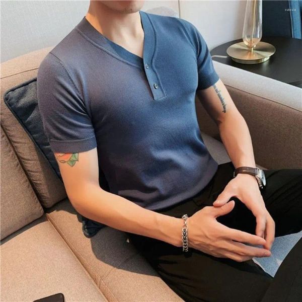 Herren T-Shirts 2024 Britischer Stil Sommer Freizeit für Männer Kurzarm T-Shirts Männlich Slim Fit V-Ausschnitt Business Casual EU Größe XS-XXL