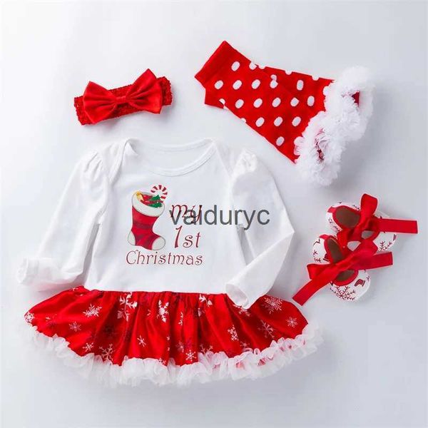 Mädchenkleider 0-24M Weihnachten Neugeborene Mädchen Kleider Kopfspeiseschuhschuhe Beinwärme Set Säuglingskleidung Neujahr Kleinkind Erst Geburtstag Outfits H240508