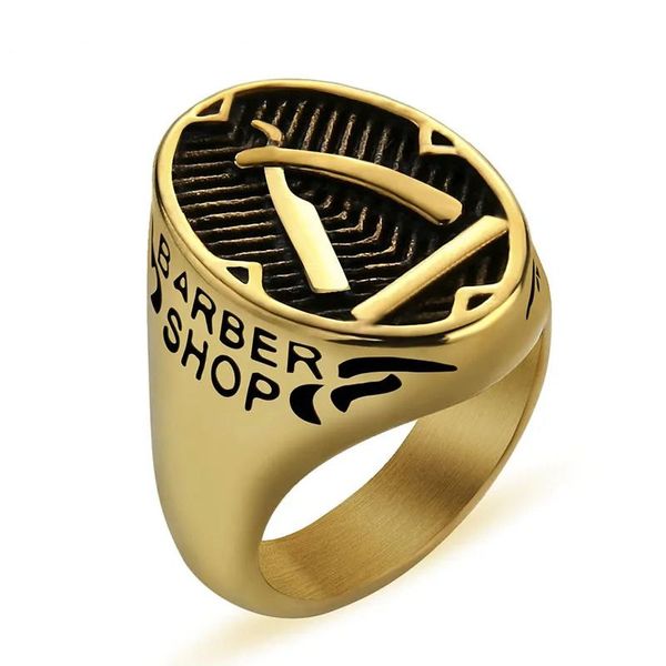 Anel de decoração de barbearia para homens, anel de faca de barbeiro dourado 14k, ouro amarelo, punk, anel de dedo, joia de personalidade