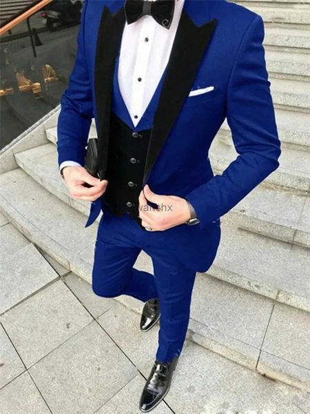 Ternos masculinos Blazers Royal Blue Blazer Calças Colete Preto Ternos de Negócios Ternos Causais Noivo Smoking Para Casamento Terno Masculino Traje Homme 3pcs