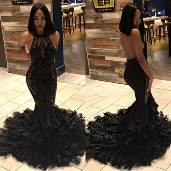 Black Girl Sexy Backless Sirena Abiti lunghi da ballo Halter Illusion Tulle Applique In rilievo Strati di piume Sweep Train Abiti da sera 278U