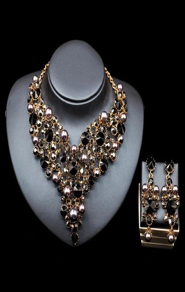 Bezaubernder schwarzer Champagner-Silberkristall-Schmuck, 2-teiliges Set, Halskette, Ohrringe, Brautschmuck, Brautaccessoires, Hochzeitsschmuck. 5070931