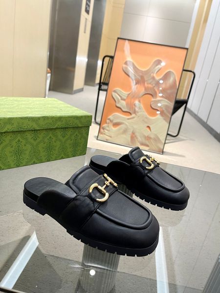 Pantofole Scuff da donna di marca di lusso Mocassini da interno per hotel Stivaletti in pelle di vacchetta con tacco piatto Scarpe di grandi dimensioni 35-43