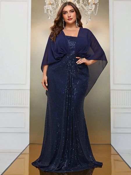 Plus Size Chiffon Schal Elegantes funkelndes Abendkleid 5XL 6XL Großes langes Bankett Party Cape Pailletten für Frauen 240116