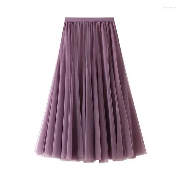 Юбки 2024, модная осенне-зимняя винтажная тюлевая плиссированная юбка, женская эластичная сетчатая высокая талия, длинные макси женские Jupe Longue