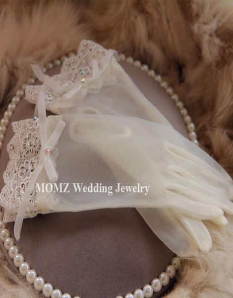 Vintage ivoire taille longueur gants de mariée doigts complets gants de mariage transparents Bowknot perles dentelle gants de mariée strass mariée Ha4133851