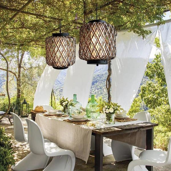 Lâmpadas pendentes Artureshome ao ar livre impermeável rattan pequeno candelabro tecido iluminação jardim varanda decorativa decoração da sala