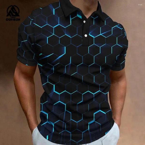 Polos masculinos listrados camisas polo 3d linhas impressas diariamente rua topos t solto camisa de grandes dimensões roupas masculinas verão casual mangas curtas