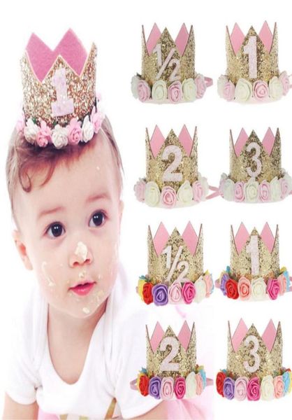 Bonito recém-nascido mini lantejoulas coroa de ouro com flores rosa headbands para meninas do bebê coroa festa de aniversário acessórios para o cabelo presente das crianças a14830395