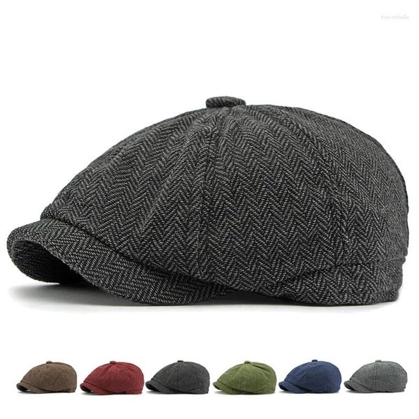 Berretti Berretto piatto in twill per uomo Donna Berretto a spina di pesce Berretto da ragazzo stile britannico Cappello ottagonale verde solido Berretto da detective rosso