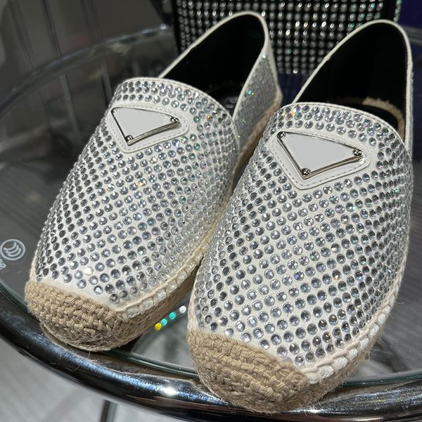 Scarpe da pescatore firmate Scarpe a triangolo Scarpe con strass di lusso Pedale piatto Mocassino in tela pigro Scarpe casual da donna Tweed di cotone Grosgrain Scarpe in corda di canapa intrecciata con erba