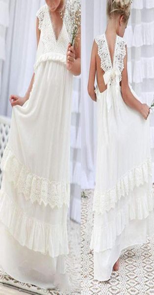 Weißes Erstkommunion-Festzug-Kleid aus Chiffon, bodenlang, Blumenmädchenkleid, Blumenmädchenkleid mit Ace-Mieder, Junior-Brautjungfer Weddin8056781