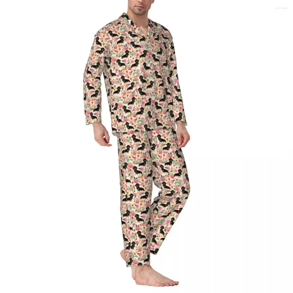 Indumenti da notte da uomo Bassotto Stampa Autunno Rosa Floreale Vintage Oversize Pigiama Set da uomo Manica lunga Carino Morbido per il tempo libero Modello da notte