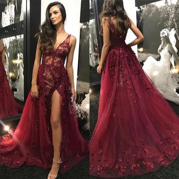 Vestidos de baile elegantes com decote em v vermelho, apliques de renda, divisão lateral, vestidos longos de festa, trem de varredura, 2019, vestidos de noite simples, 207v