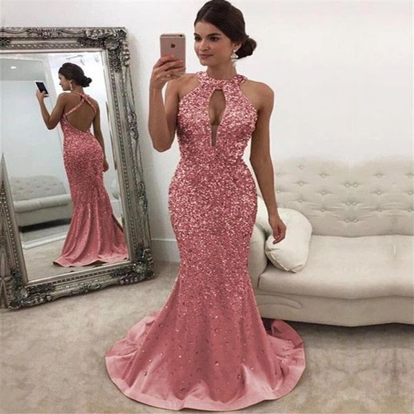 2021 novos vestidos de noite rosa jóia pescoço lantejoulas rendas longo sem costas sereia vestido de baile varredura trem personalizado ilusão robes de soire312z