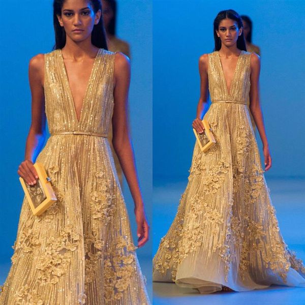 2019 Elie Saab Amarelo Prom Dressess Profundo Decote Em V Uma Linha Sem Mangas Bling Beads Vestido de Noite 3D Apliques Florais Renda Festa Formal W312i