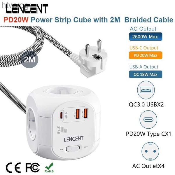 Вилка кабеля питания LENCENT Power Strip Cube с 4 розетками переменного тока + 2 QC3.0 USB + 1 PD20W Type C, плетеный кабель 2 м/3 м, многофункциональная розетка с переключателем для дома YQ240117