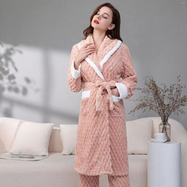 Kadın pijama sonbahar kış kalın kaplumbağası arka kadife yaka giyinme seti elmas kontrol kontrast bornoz sıcak gevşek pijamalar