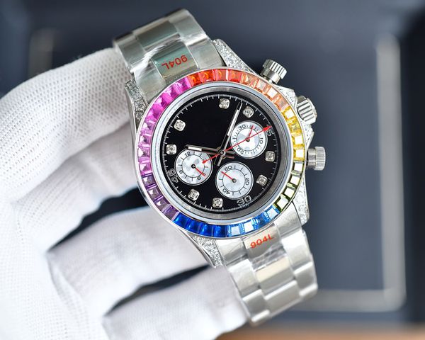 Produzido pela fábrica N Mens Designer Relógios 40MM Rainbow Diamond dial Movimento mecânico automático Luminous Sapphire Glass Relógios de pulso relógio de moda
