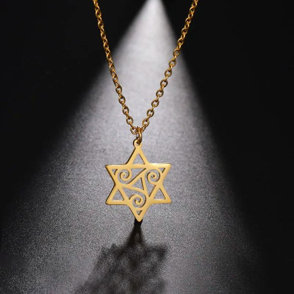 Colar triplo espiral triskelion hexagrama para mulheres e homens 14k pingente de ouro amarelo estrela de David colar de joias judaicas