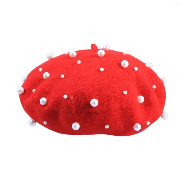 Berets chapéus para crianças frisadas rebite lã boina cashmere pérola trabalho pesado beading mulheres outono