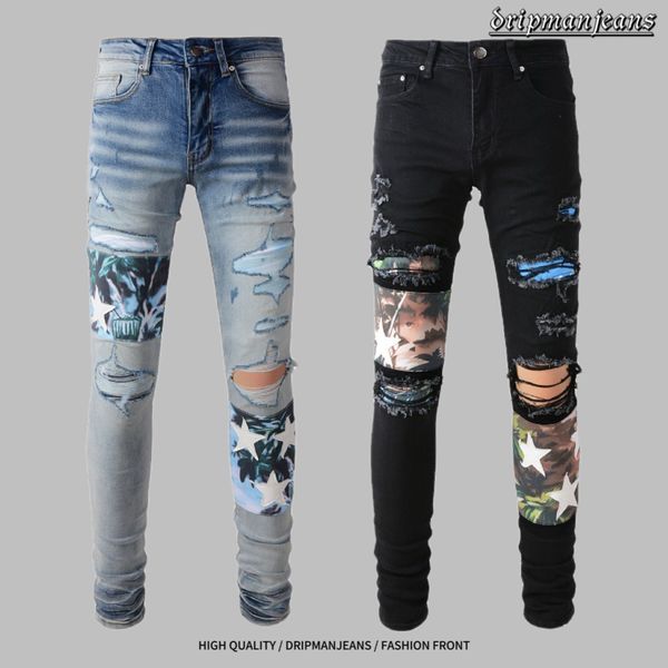 American Street Hip-Hop-Herrenjeans, wassergewaschen, im Used-Look, geflickt, genäht, mit Sternchen-Patches, schmale Passform, trendige AMR-Jeanshose mit Tropfstil und Drill-Details