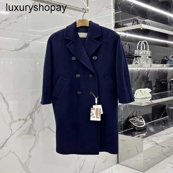 Tasarımcı Maxmaras Cashmere Coat Kadın Yün Paltolar 2024 Kış Klasik 101801 Donanma Çift Kelimleme Kaşmir Katlı, İnce Fit ile Çift Kırık Uzun Stil E için Kalınlaştırılmış