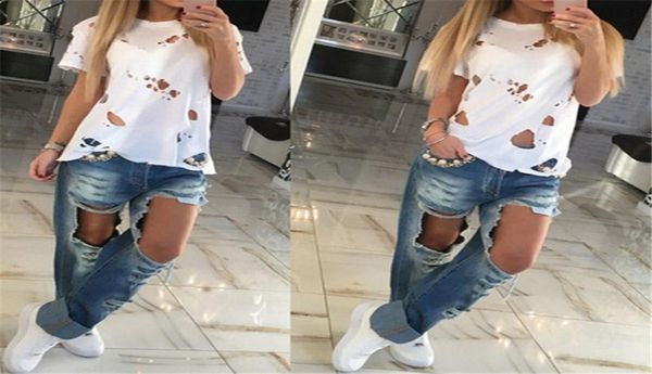 Yaz Delikleri T Shirt Kadın Moda Seksi Siyah Beyaz Pamuk Kısa Kollu Yırtık Üstler Gömlekler Sıradan Gevşek Tshirt XSL6877505