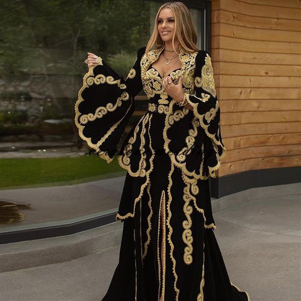 Tradicional Kosovo vestidos formales árabe veludo vestidos de noite mangas alargadas applique split vestido de baile robe de soiree 2021 br291f