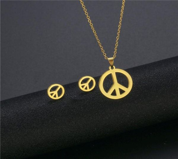 Anhänger Halsketten Kleine Gold Edelstahl Runde Welt Friedenszeichen Symbol Kette Halskette Sets Choker Für Frauen Collier Antiwar J6027666