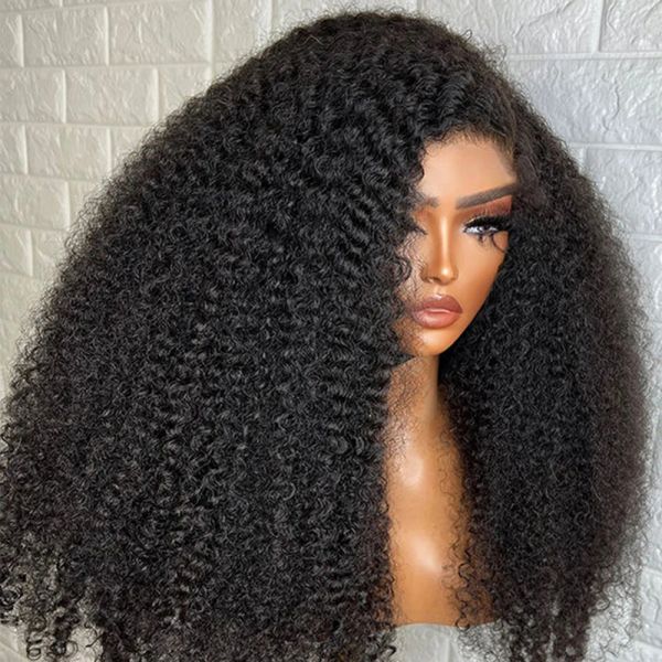 250 % Dichte, indische Afro-Perücke, verworrene lockige Echthaar-Perücken für Frauen, 13 x 4 Lace-Frontal-Perücke, schwarze synthetische Perücke mit transparenter Spitze, Remy