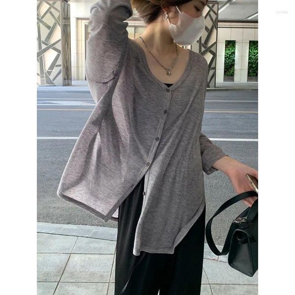 Giacche da donna Camicia a maniche lunghe Cardigan Donna Giacca sottile Top Protezione solare Abbigliamento Maglione con scollo a V Bottoni Moda coreana Nero Grigio