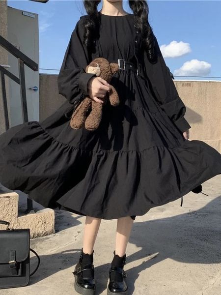 QWEEK готический стиль Dres Harajuku Lolita Goth Kawaii платье милое панк с длинными рукавами черный миди эмо оверсайз 240117