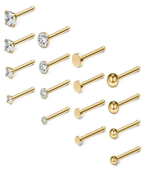 Outros 20G 18G Aço 15mm3mm Bola Plana Clear CZ Nariz Stud Anéis Osso Pin Piercing Jóias 1634PCS8346211