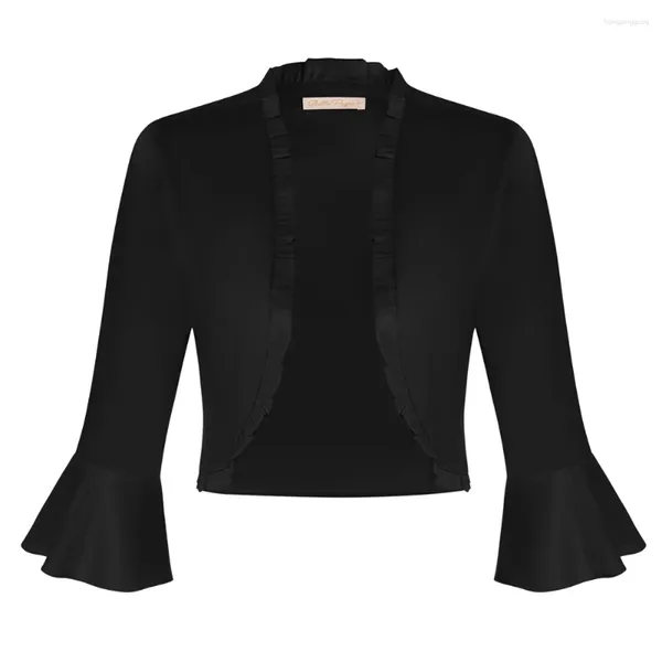 Kadın Ceketleri BP Kadınlar Vintage saten omuz silkme 3/4 çan kolu açık ön fırınlı trim bolero kırpılmış hırka gece elbiseler için