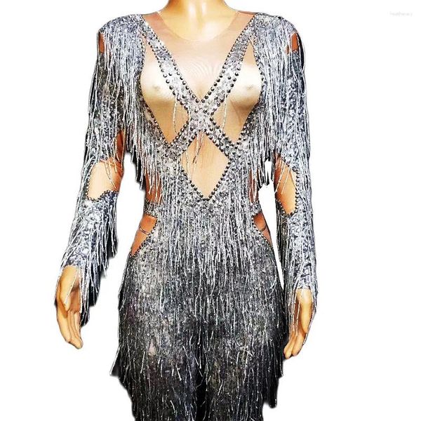 Stage Wear Manica lunga Nappa argento Tute da donna Frange Strass brillanti Tute Costumi di danza jazz Spettacolo di feste