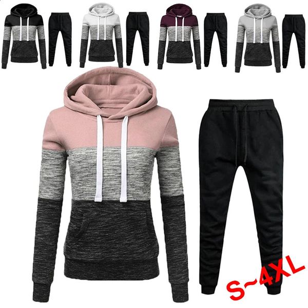 Feminino cor sólida tricolor hoodie conjunto com capuz moletom calças definir esportes jogging conjunto com capuz pista e campo terno S-4XL 240117