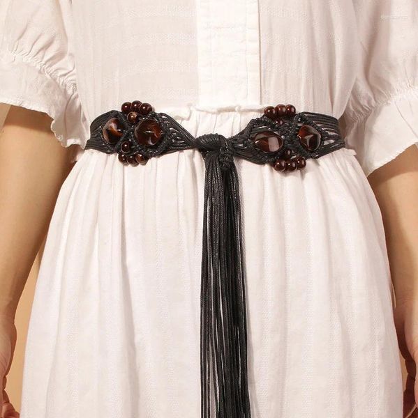 Cinture Donna Bohemian Cintura vintage Cintura all'uncinetto da donna Fascia in tessuto con fibbia larga Cintura elastica in corda intrecciata